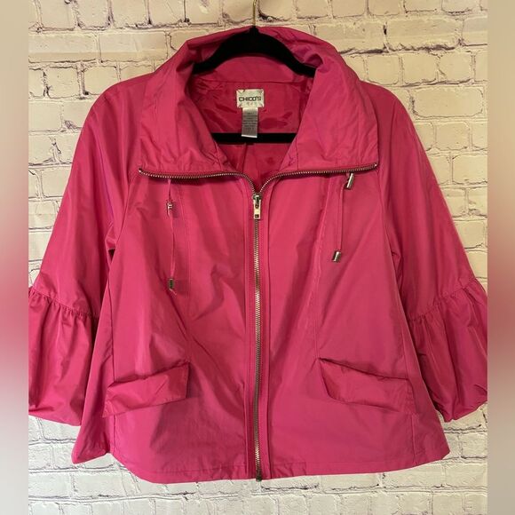 Chico’s (2) Raspberry Pink Cropped Barbiecore Zip Up Funnel Neck Jacket Size L - Picture 1 of 10
